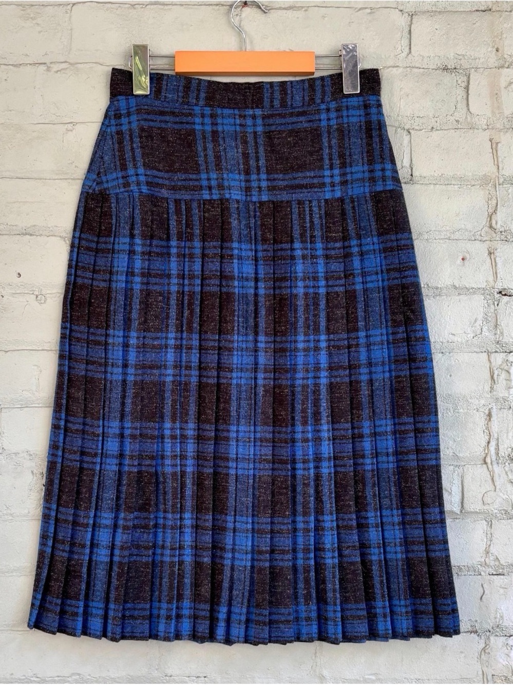 Vintage Blue and Black Plaid Pleated Midi Skirt
